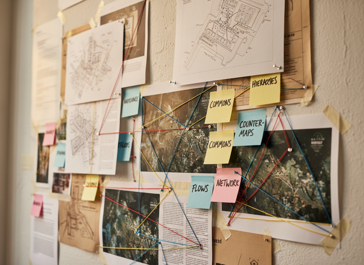 A detailed close-up of a textured research wall in a contemporary studio, where overlapping artifacts are pinned and taped: hand-drawn sections on tracing paper, printed satellite imagery with colored threads connecting distant points, photocopied academic excerpts, and sticky notes with bold, handwritten keywords like “hierarchies”, “commons”, and “counter-maps”. Neutral painted plaster surrounds the dense cluster of material. Gentle side lighting from a nearby window creates soft shadows that give depth to the layers of paper. The atmosphere feels intense yet organized, capturing the energy of critical, interdisciplinary spatial research. Photographed at a slight angle with shallow depth of field, in warm, realistic tones that highlight tactility and process.