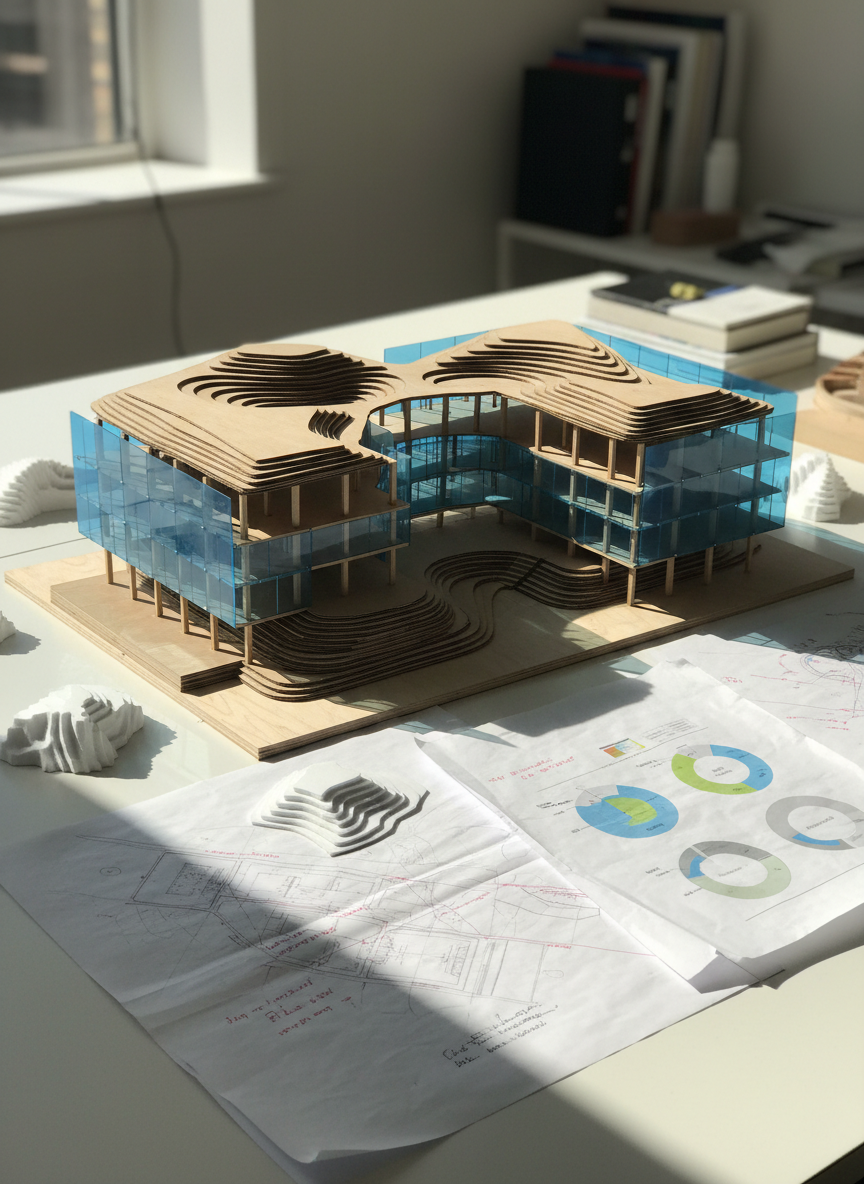 A large, meticulously detailed architectural model of an imagined collaborative research hub, built from a mix of translucent acrylic, raw plywood, and recycled cardboard, occupies the center of a clean studio table. Surrounding it are layered tracing-paper site plans, color-coded mapping diagrams, and small topographic foam blocks suggesting shifting terrains. Soft daylight pours through an unseen high window, creating crisp shadows that emphasize overlapping forms and materials. The atmosphere feels analytical yet hopeful, suggesting new spatial futures. Photographed at eye level with slight depth-of-field blur in the background, in a clean, modern, photographic realism style that highlights textures and precise edges, ideal for a homepage hero image about critical spatial research and collective alternatives.