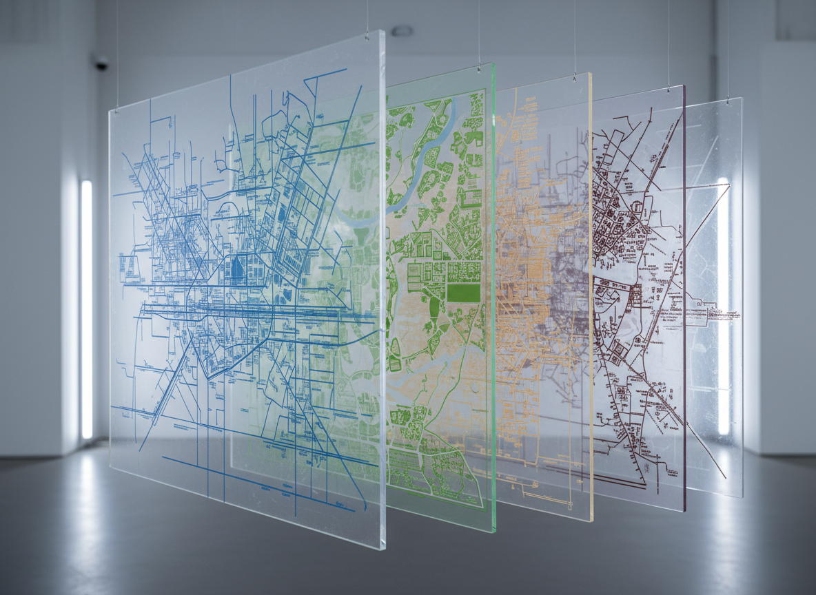 A series of interconnected, translucent acrylic panels are suspended in a neutral gallery-like space, each etched with different layers of a city: infrastructure, public space, ecological systems, and informal networks. The panels overlap to form a complex, semi-transparent spatial collage that shifts in intensity depending on the viewer’s angle. Cool, even studio lighting from both sides creates subtle reflections and delicate edge highlights, while the background fades into soft blur. The mood is contemplative and investigative, suggesting multidimensional ways of seeing space. Photographed straight-on with a slight wide-angle lens, in a clean, minimalist, photographic realism style that emphasizes clarity, layering, and critical analysis.