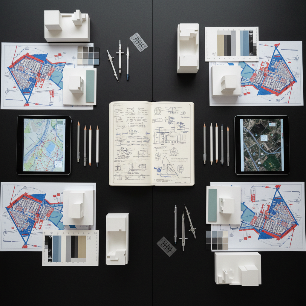 An overhead view of a long, matte-black research table covered in carefully arranged spatial research artifacts: annotated site maps with bold red and blue markings, folded urban morphology diagrams, small 3D-printed white massing models, and color swatches clipped to the paper edges. A open notebook filled with dense, handwritten spatial diagrams sits at the center, flanked by technical drawing tools and a digital tablet displaying a layered GIS map. Soft, diffused overcast light from above creates minimal shadows, reinforcing a calm, analytical mood. The composition is symmetrical from a bird’s eye perspective with crisp, photographic realism, conveying rigorous yet experimental spatial inquiry across disciplines.